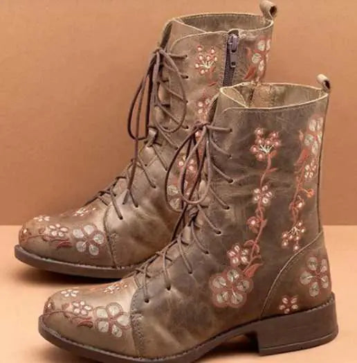 Comfortable Embroidered Mid-Heel Ankle Boots for Women
