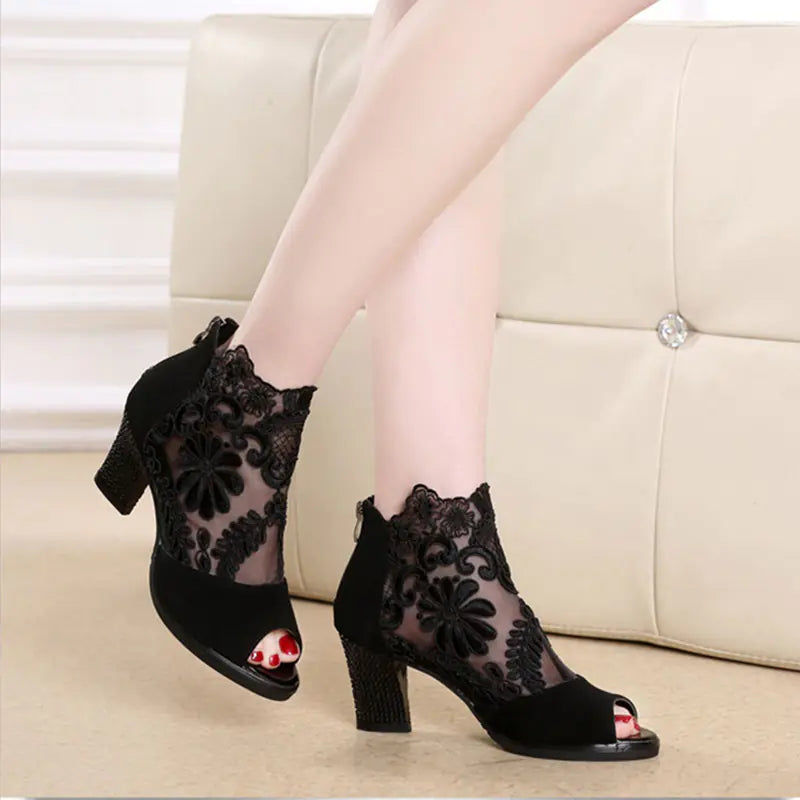 New Spring Autumn Lace Peep Toe Women's Heels