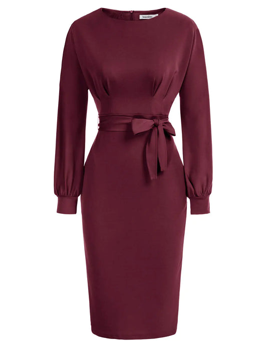 Womens Bodycon Pencil Dress. Long Sleeve Business Wear to Work Dress with Belt