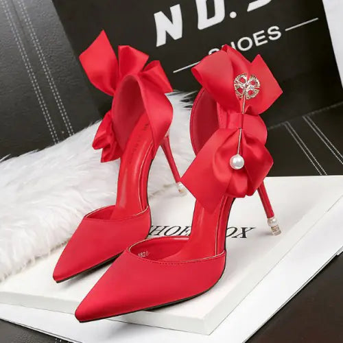 Red Rhinestone High Heels with Bow
