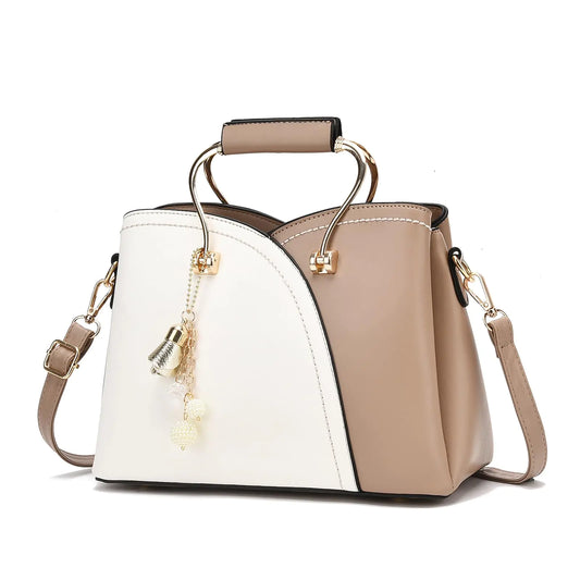 Ladies Leather Handbags. Colorblock Top Handle Crossbody Purse for Women - Satchel Shoulder Bag for College Work (Khaki-1)