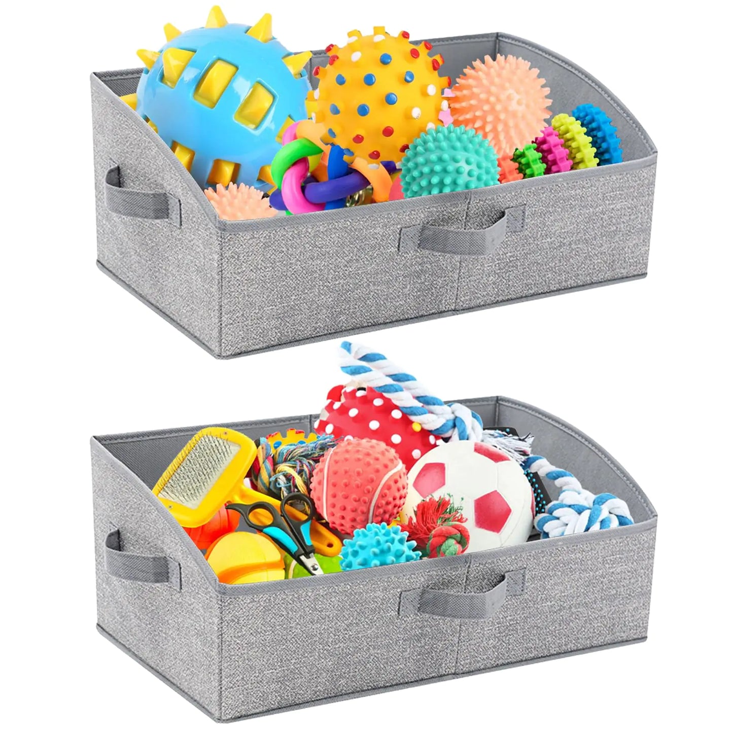 2 Pack Foldable Toy Storage Box Basket. Shallow Toy Bin with Handles for Organizing Chew Toys , Clothes, Blankets And Accessories(Gray)