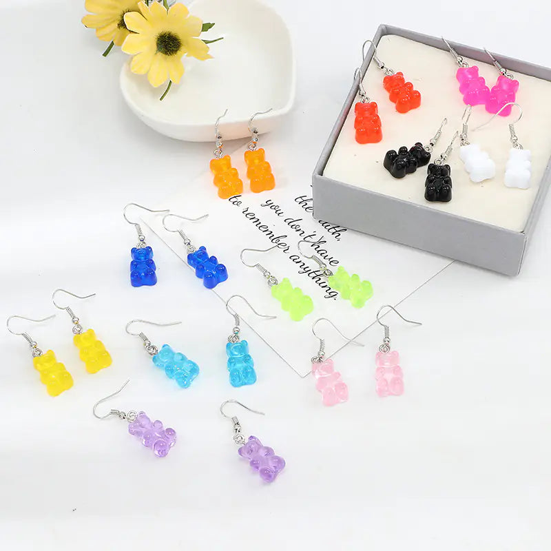 Colorful Resin Cartoon Bear Earrings for Women