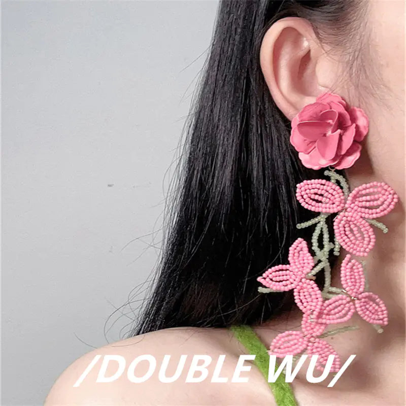 Handmade Beaded Flower Tassel Earrings for Women