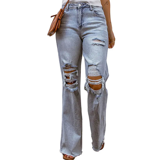 Ripped Hollow-out Wide-leg Cropped Pants for Women