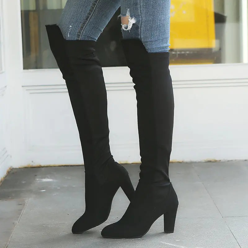 Color Block Over-the-Knee Heeled Boots for Women