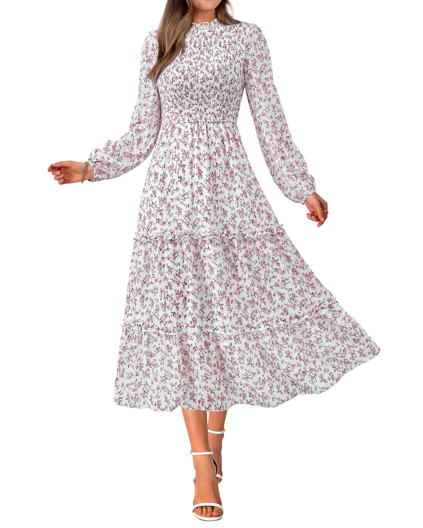 Floral Boho Casual Dress. Long Sleeve Crew Neck Ruffle A-Line Flowy Maxi Dresses