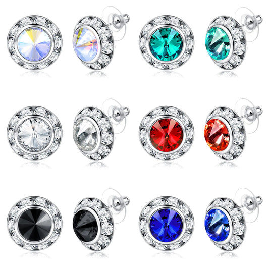 6 Pairs Hypoallergenic Dance Competition Earrings for Women. Shiny Rhinestone Stud Earrings Set, Crystal Multicolor for Stage Opera Performance party 15mm earrings