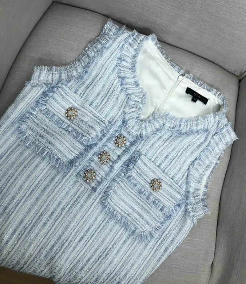 Women’s Summer Sleeveless Tweed Mini Dress with Pockets