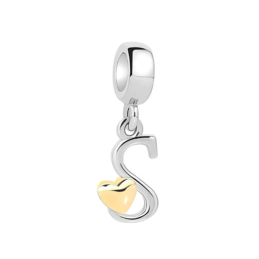 925 Sterling Silver Letter Charms, Initial S for Bracelets and Necklace. Alphabet with Gold Love Heart Dangle Pendant Charms for Women Girls