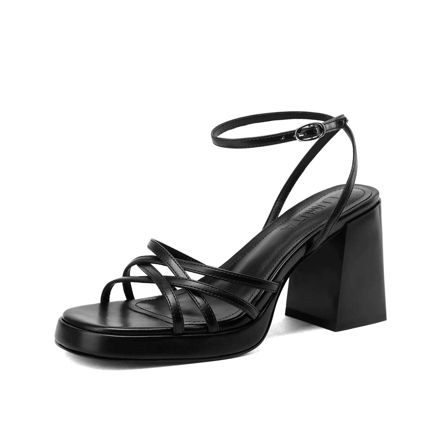 Black Block Comfortable Heels For Fashionable Summer. Square-Toe Strappy Heeled Sandals For Work, Party Dress Shoes
