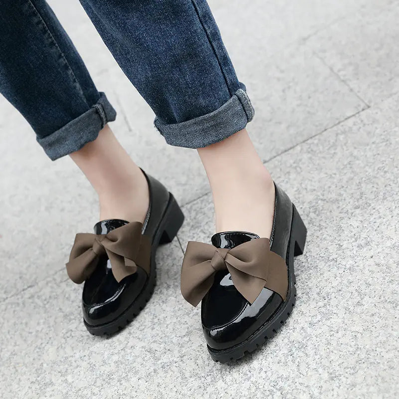 Vintage Bow Slip-On Loafers for Women (Chunky Heels)