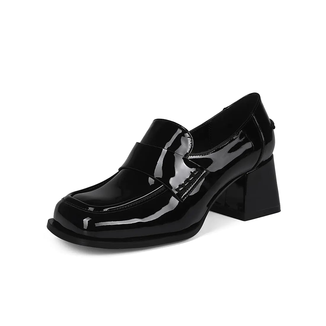 Black Loafers for Women. Trendy Square Toe Casual Slip-on Block Heel Office Shoes. -Black-7.5
