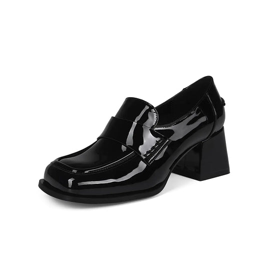 Black Loafers for Women. Trendy Square Toe Casual Slip-on Block Heel Office Shoes. -Black-7.5