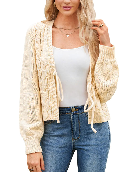 Oversized Open Front Sweater. Tie Long Sleeve Short Cardigans, Knit Outerwear Fall Outfits