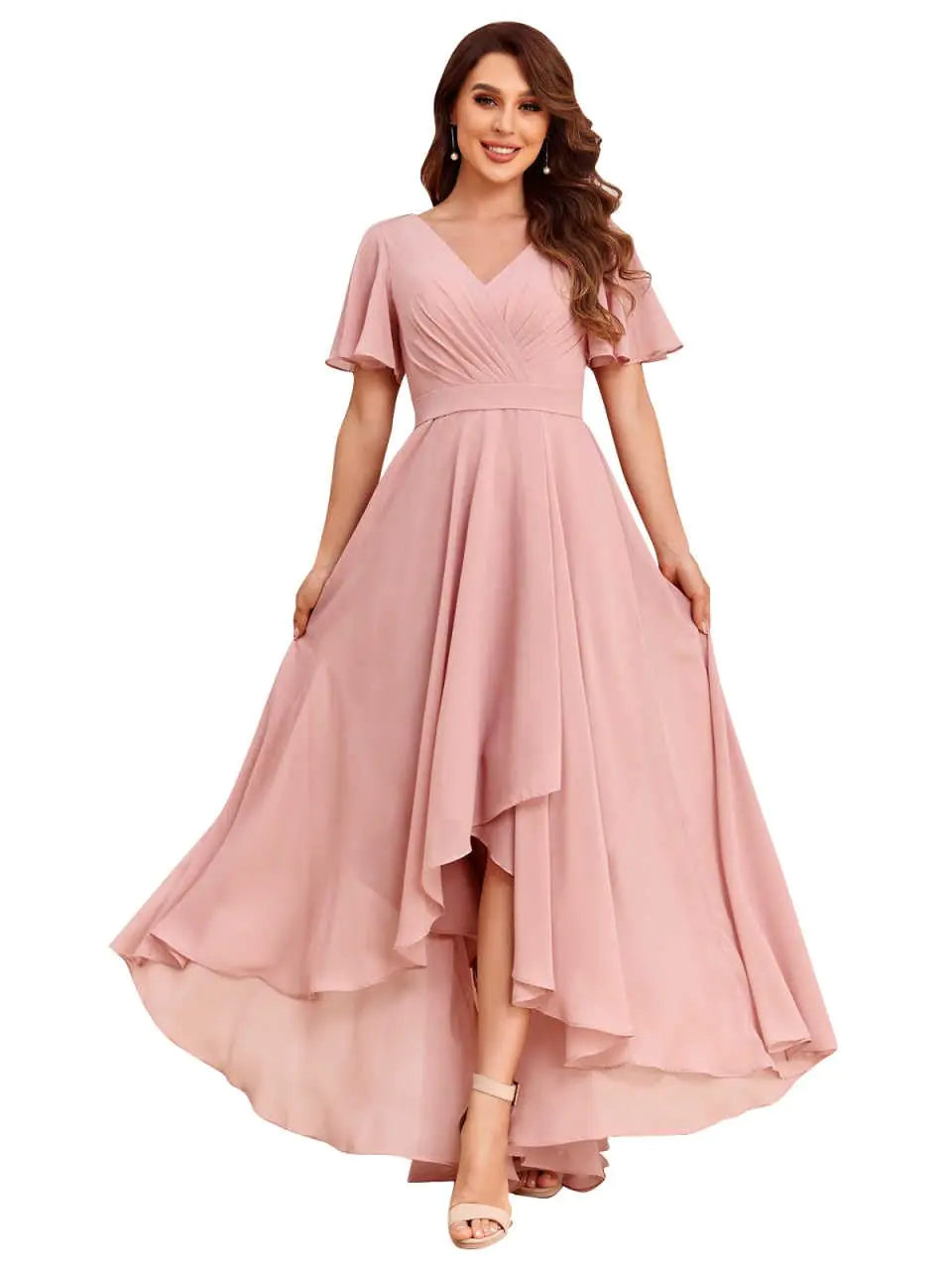 A-Line Formal Bridesmaid Dresses with Sleves. Pockets V Neck High Low Chiffon Pleated Wedding Party Dress