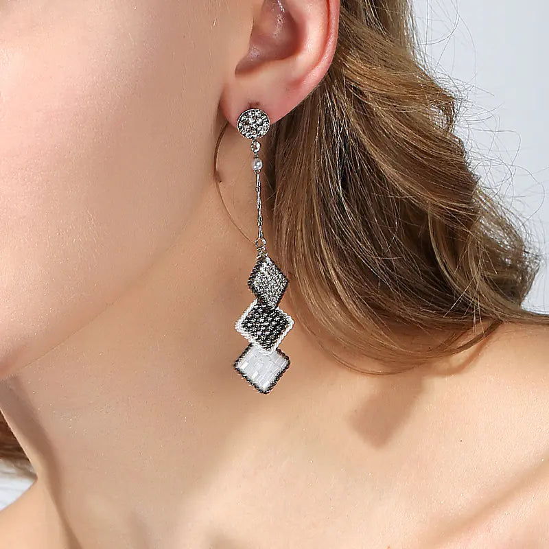 Vintage Geometric S925 Silver Long Earrings for Women
