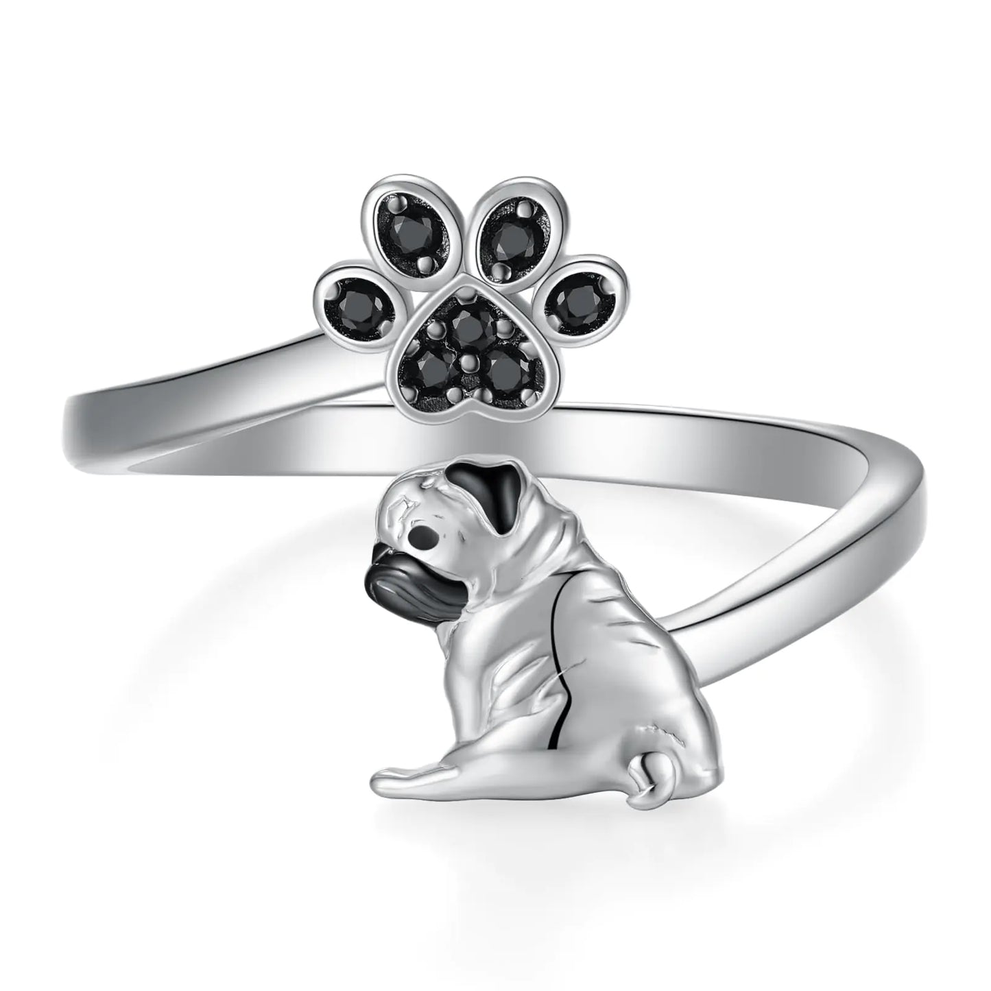 Pug Dog Ring. 925 Sterling Silver Cute Open Pug Gifts for Pug Lovers, Christmas Pug Jewelry for Women