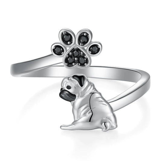 Pug Dog Ring. 925 Sterling Silver Cute Open Pug Gifts for Pug Lovers, Christmas Pug Jewelry for Women