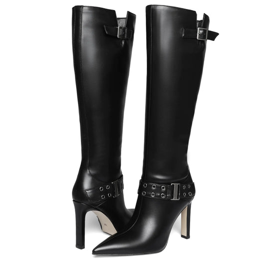 Women Knee High Boots. Pointed Toe Tall Sexy Stiletto High Heels Long Boots, Fashion Trendy Buckle Slouch Zipper Boots
